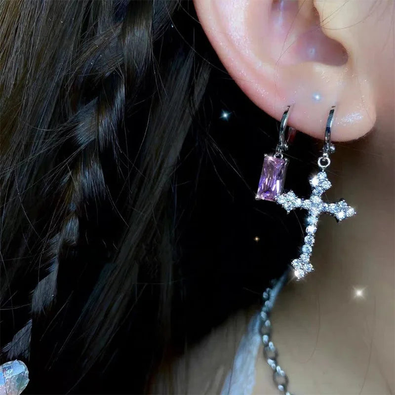 Korean Fashion Zircon Crystal Cross Women Drop Earrings for Gothic Punk Hip Hop Female Piercing Drop Earrings Party Jewelry Gift