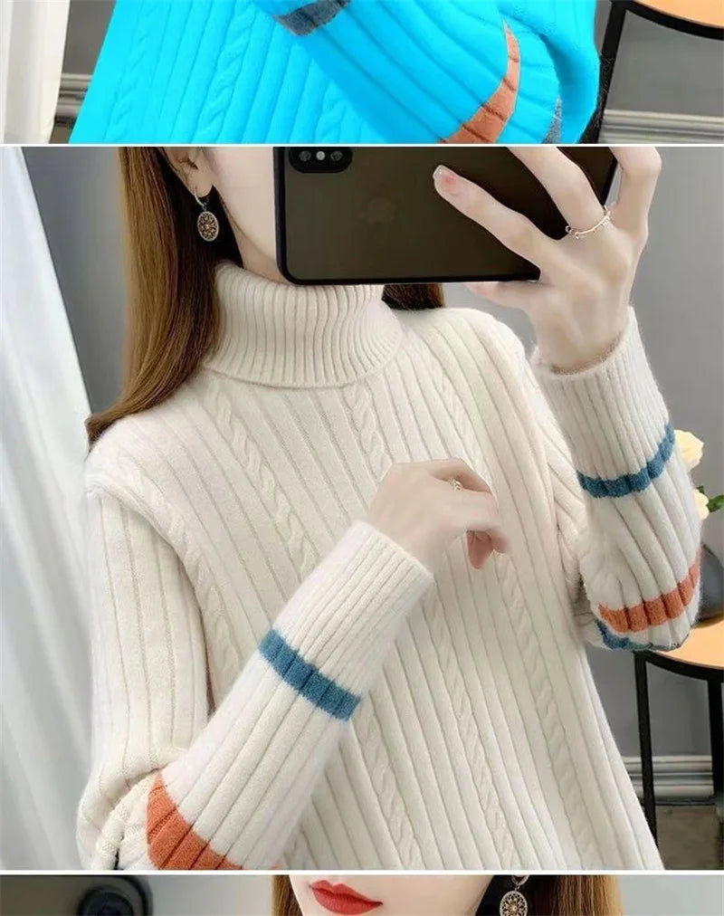 2023 Autumn Winter Women Turtleneck Sweater Soft Pullovers Loose Warm Elasticity Long Sleeved Knitted Sweater Jumper Female Tops