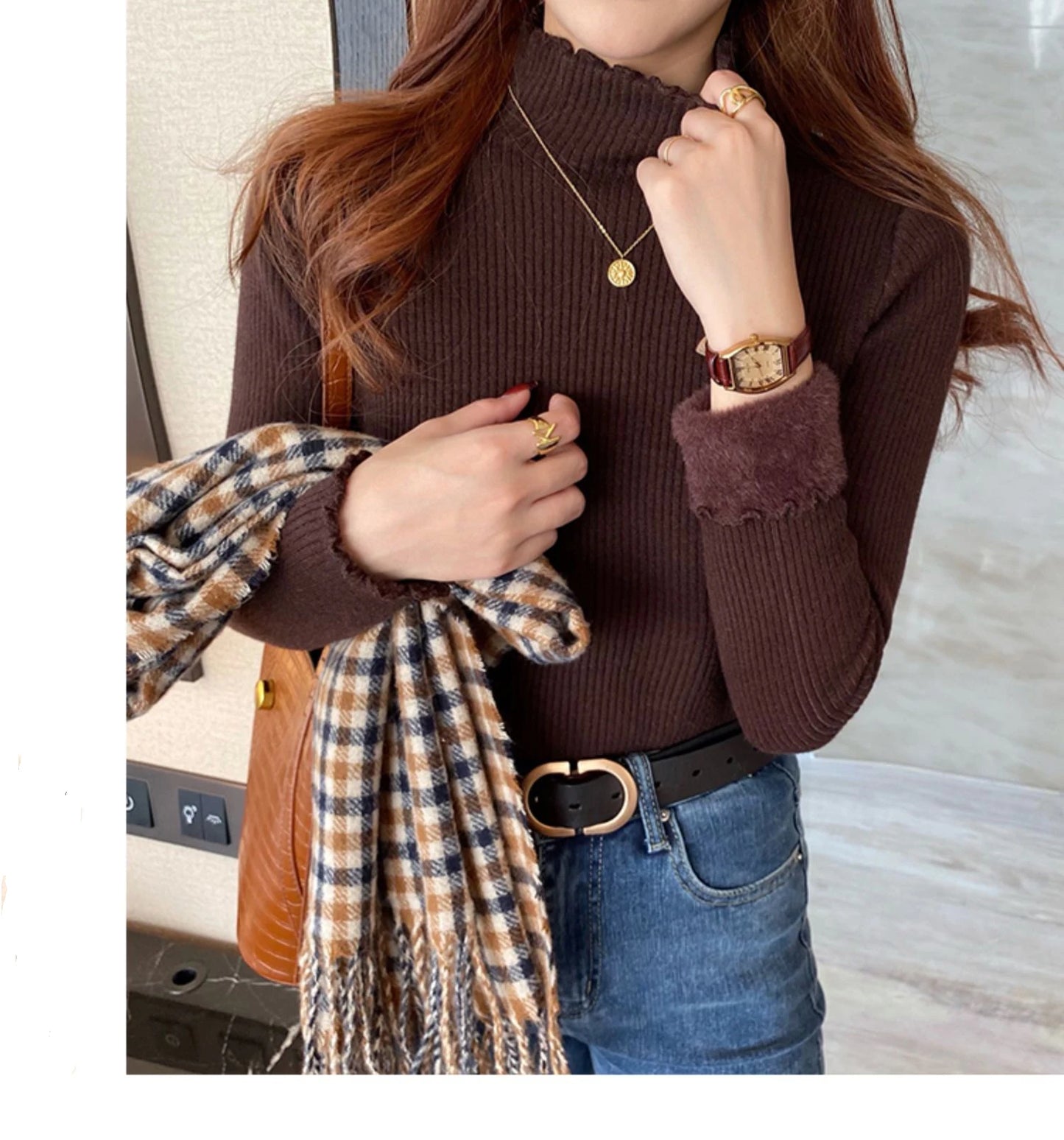 Autumn Winter Women Ruffles Mock Neck Sweater Thicken Fleece Warm Thermal Pullover For Women Cashmere Sweater 2023