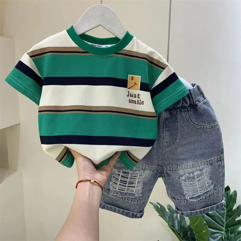 Boys Summer 2023 New Boutique Design Outfits Cotton Set Baby Boys Short Sleeve Shirt Jeans Shorts 2pcs Clothing Children 6 7 8Y