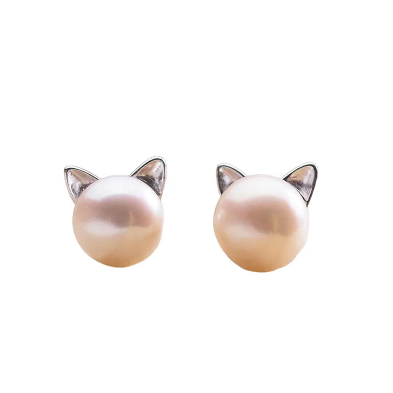 2024 Fashion Earings Jewelry Silver Color Small Pearl Cat Stud Earrings for Women Girls Summer Flower Earring