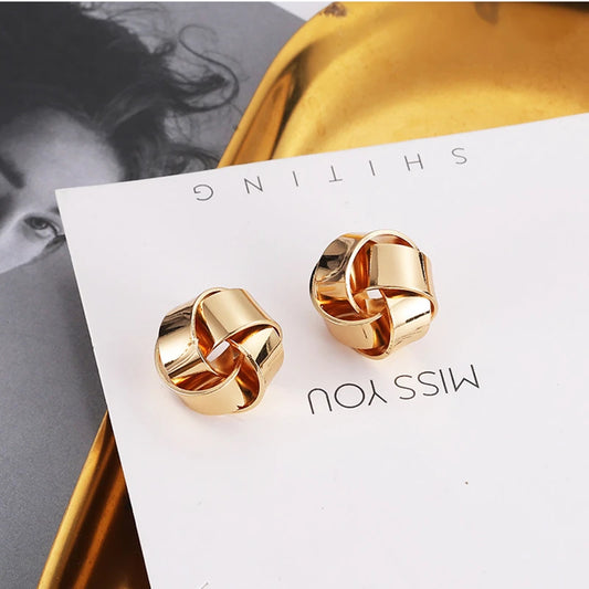 Glossy Twisted Flower Metal Stud Earrings Female Gold Color Personality Creative Fashion Windmill Button Small Ear Jewelry