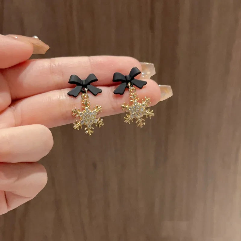 Sweet Bowknots Snowflake Drop Earrings for Women Girls Trendy Elegant Red Black Ear Accessories Jewelry Earring Charm Xmas Gifts