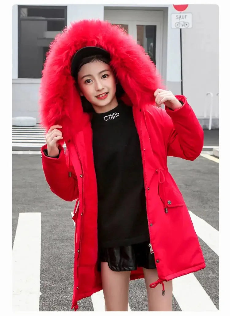 5-14 Years Teen Girls Winter Jacket Plus Velvet Warm Kids Windbreaker Coat For Girls Fur Collar Hooded Parkas Children Outerwear