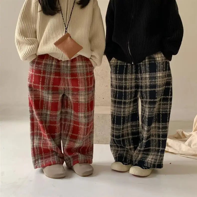 Kids Pants Plaid Printed Wide-leg Pants Winter Clothes for Girls Boy Clothes Boys Autumn and Winter Woolen Pants