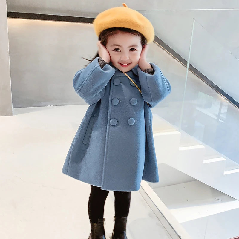 1-7 Years Girls Wool Coats New Fashion Korean Version Long Kids Jacket Spring Autumn Double Breasted Children Outerwear Clothing