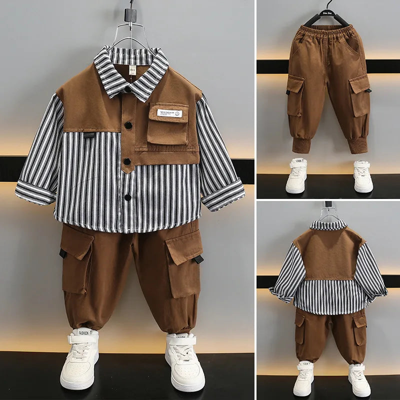 2024 New Autumn Children Baby Clothes Long Sleeve Striped Shirt+Pants Gentlemen Elegant Suit Kids Tracksuit For Boys Casual Sets