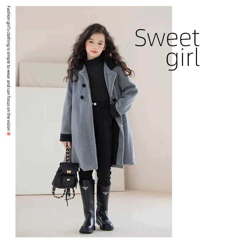 Winter Girls Wool Coat Long Double-faced Tweed Overcoat for Kids Fashion Casual Grey 10 12 14 Years Teenage Children Outerwear