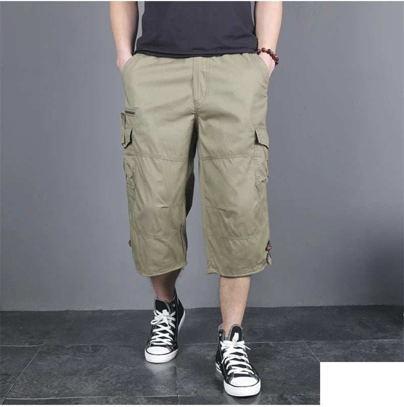 Long Length Cargo Shorts Men Summer Multi-Pocket Casual Cotton Elastic Capri Pants Men Military Tactical Short Hot Breeches 5XL