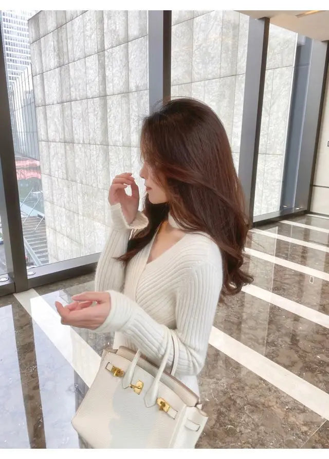 Women Clothing Fashion Chic V-Neck Knitted Top Spring Autumn Hanging Neck Design Knitwear Lady Commute Soft Comfort Pullover