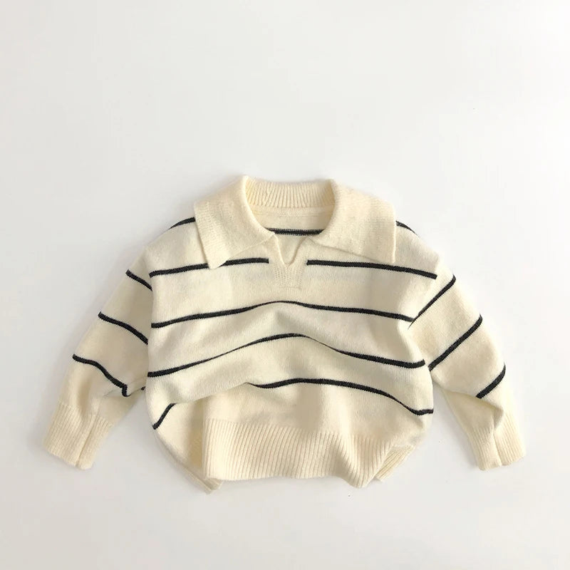 Children's Striped Korean Sweater Spring Autumn V-Neck Pullovers Boys Cotton Turtleneck Sweater Winter Baby Girls Top Clothes