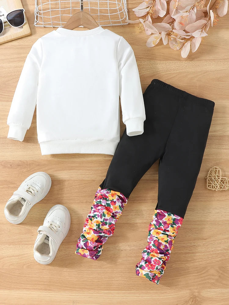 Two-piece set for girls in autum portrait print round neck long-sleeved sweatshirt pure color stitching pleated printed pants suit