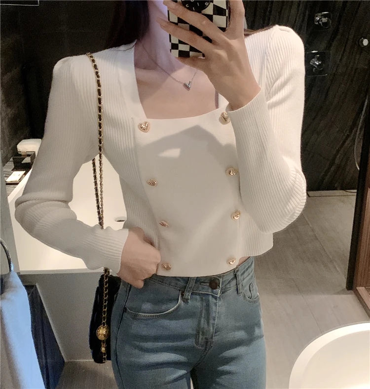 Short Square Collar Crop Top Knitted Sweater Women Korean Clothes Love Button Long Sleeve Sweaters 2022 Autumn Winter Pullover