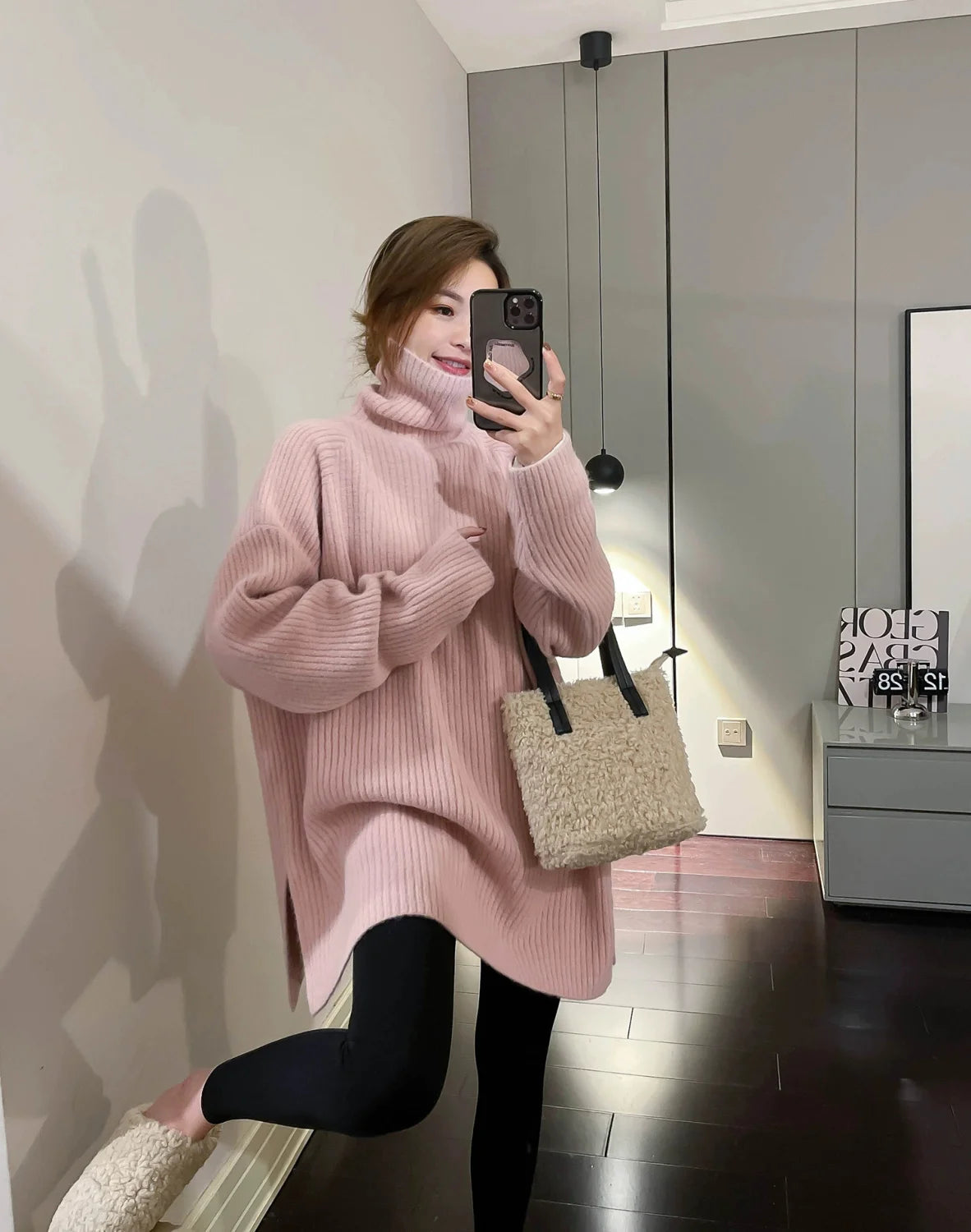 Women Simple Casual Oversized Turtleneck Knitted Sweater 2023 Autumn Winter Trendy Split Long Sleeve Pullover Tunic Tops Jumpers