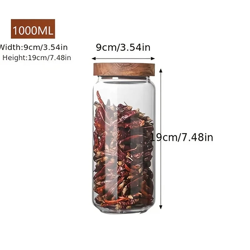 1 PC Small Glass Storage Jars with Airtight Lids, Coffee Container with Wooden Lid, Glass Pantry Canister for Beans, Rice,Sugar