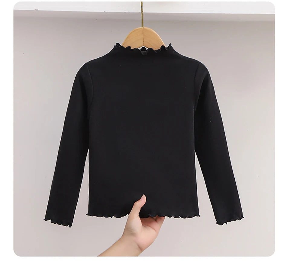 Children Clothing New Girls Base Shirt For Autumn and Winter Children Trendy Black Fungus Edge Solid Color Long Sleeved T-shirt