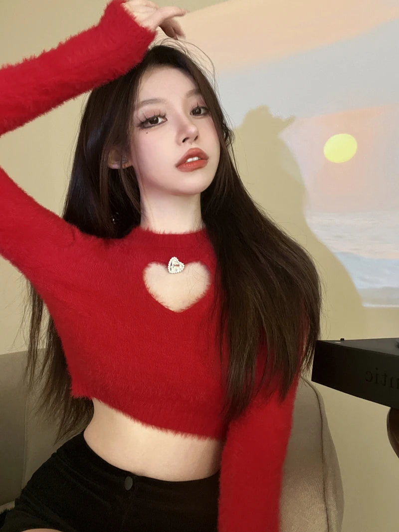 2023 Autumn Winter New Sweater Women's O Neck Diamond-Studded Hollow Love Long Sleeve Slim Short Crop Top