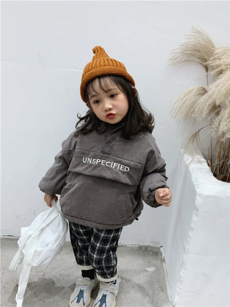 Kids Autumn Clothes 2023 Jacket for Girls Winter Clothes Boys Velvet Hooded Letter Printed Coat Baby Thick Children Outerwear