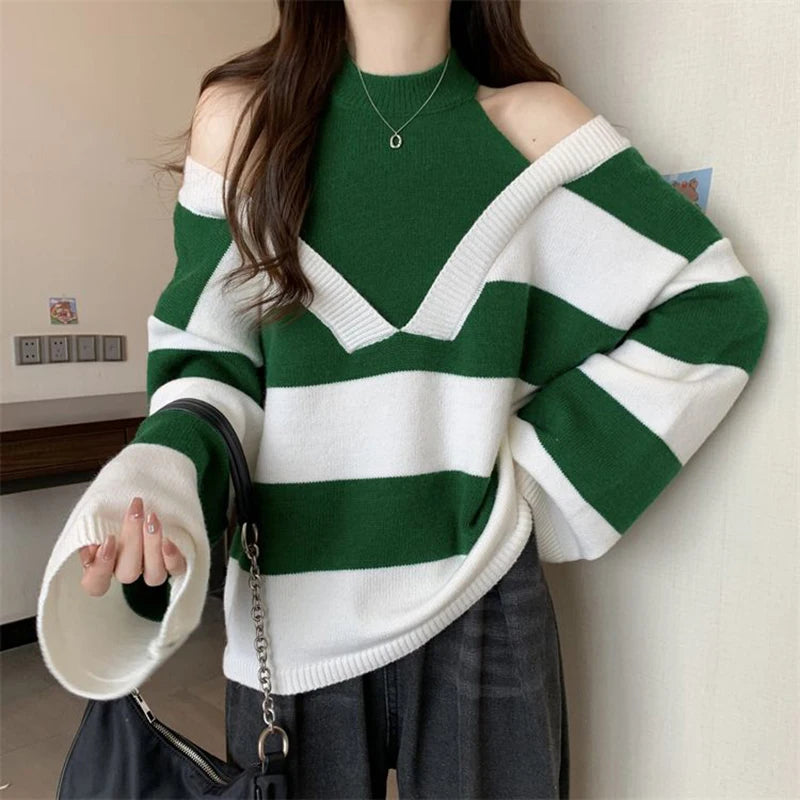 Y2K Stripe Halter Women Sweaters Korean Knitted Loose Patchwork Female Pullovers Autumn Preppy Style All Match Chic Ladies Tops