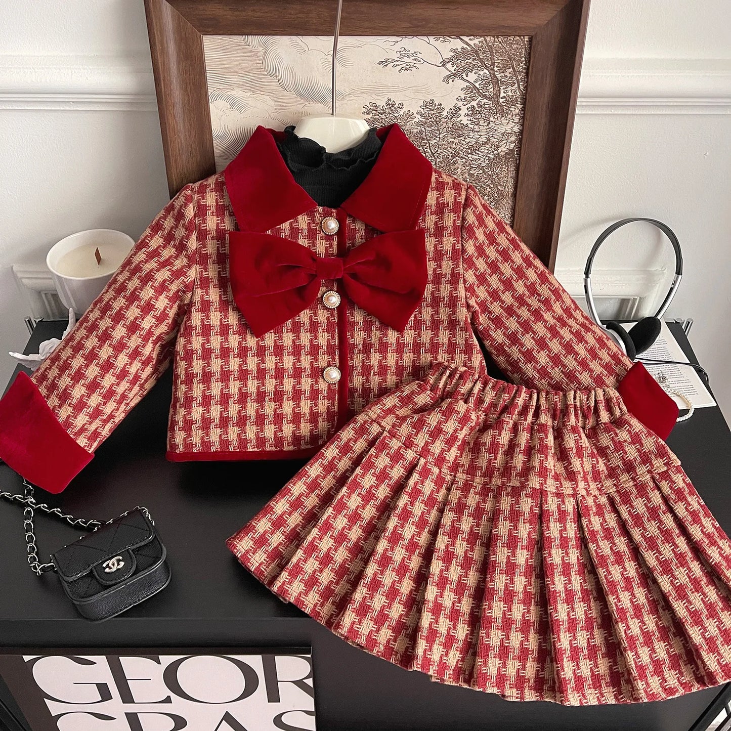 2024 Winter New Korean Edition Girls Red Grid Bow Set Baby Cotton Two Piece Set Toddler Girl Designable Gentle Clothes