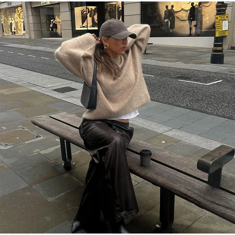 Casual Brown O-Neck knitted Cashmere Pullover Women Fashion Full Sleeve Loose Commute Jumper 2024 Autumn Lady Street Outerwears