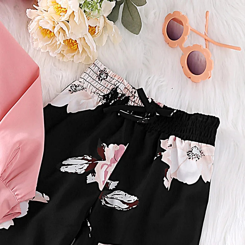 Kids Two Piece Set For Girl Pink Long Sleeve Top + Black Printed Trousers Casual Elegant Vacation Holiday Cute Floral Print Suit