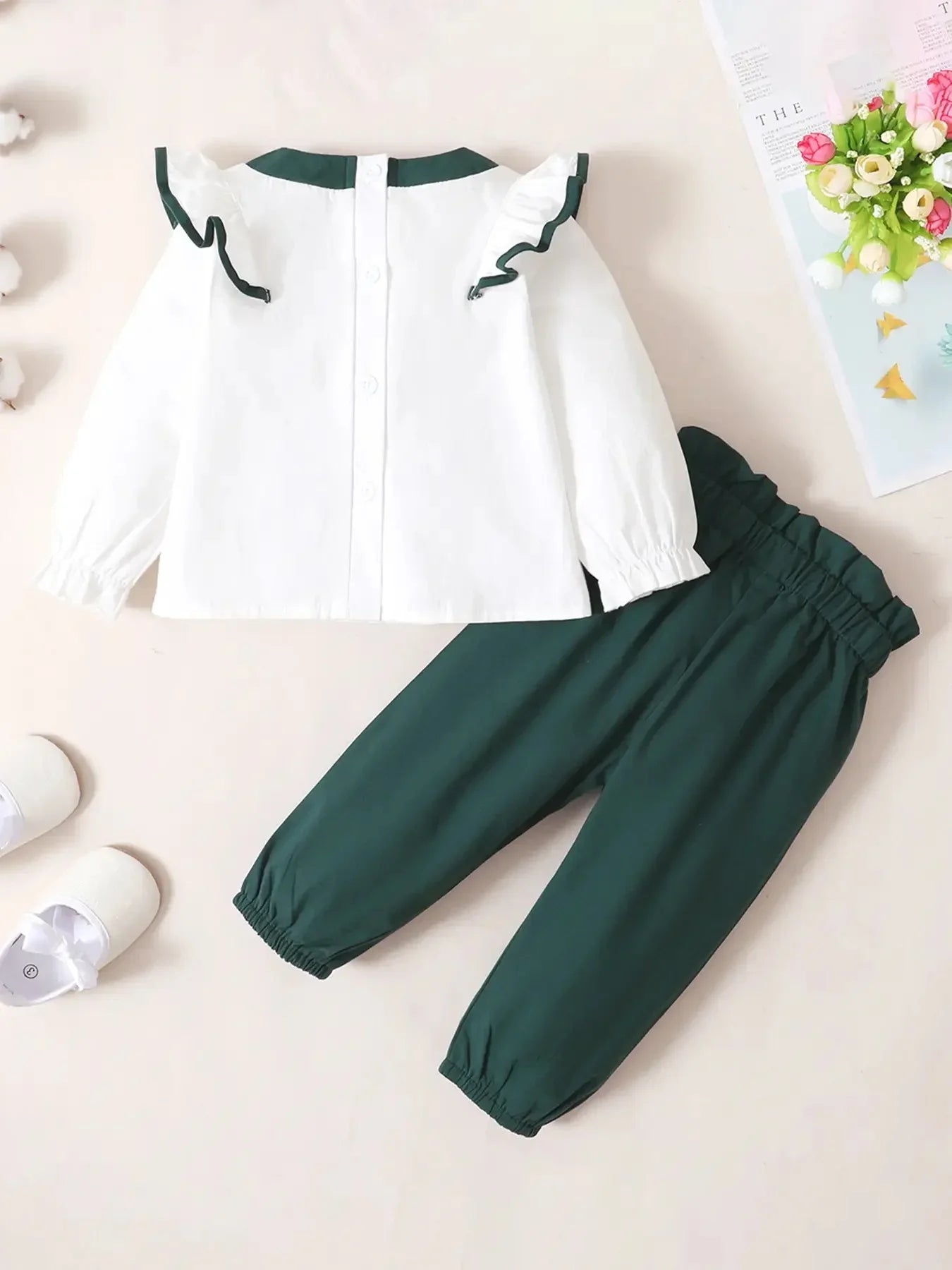 2PCS Toddler Girl Fashion Clothing Set Ruffled Collar Long Sleeved Top+Pants with Bow Spring&Autumn Solid Outfit for Kid 1-4Year