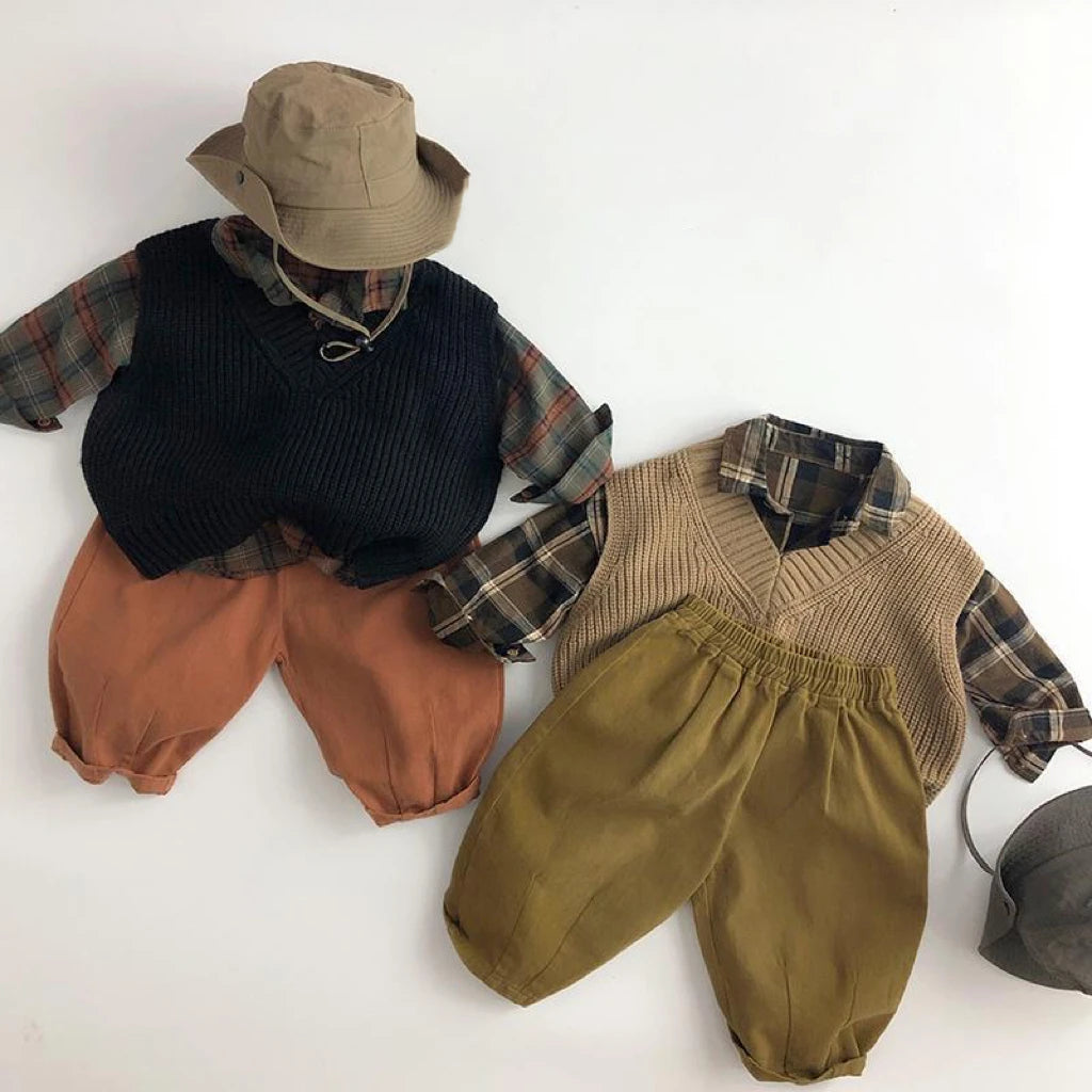 Fashion Baby Girl Boy Cotton Plaid Shirt Infant Toddler Child Trousers Outfit Spring Autumn Summer Baby Casual Clothes 1-7Y