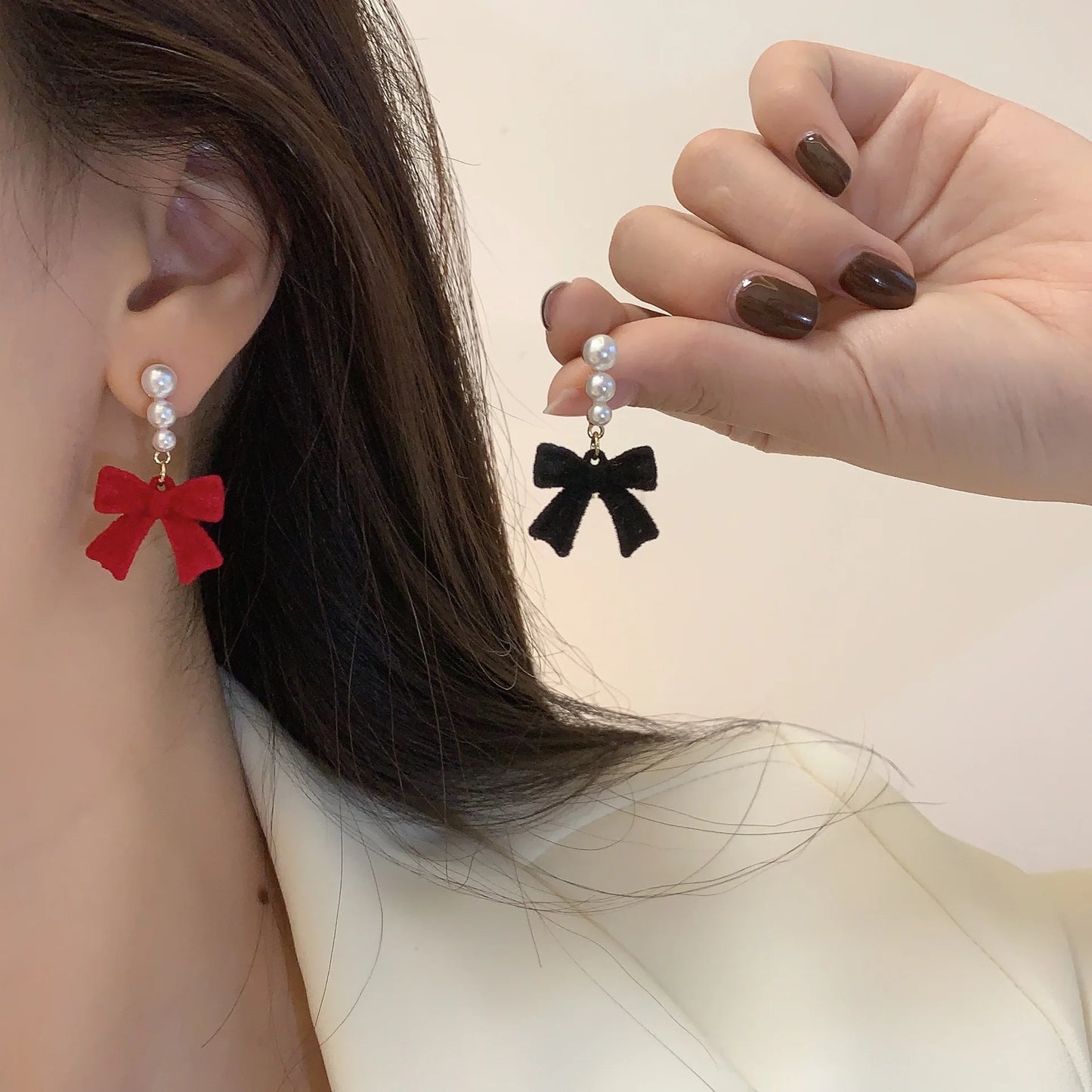 Red Black Bowtie Earrings for Women Girls Simulated Pearl Cloth Bow Tie Earrings Jewelry Ear Accessories Beautiful Gifts