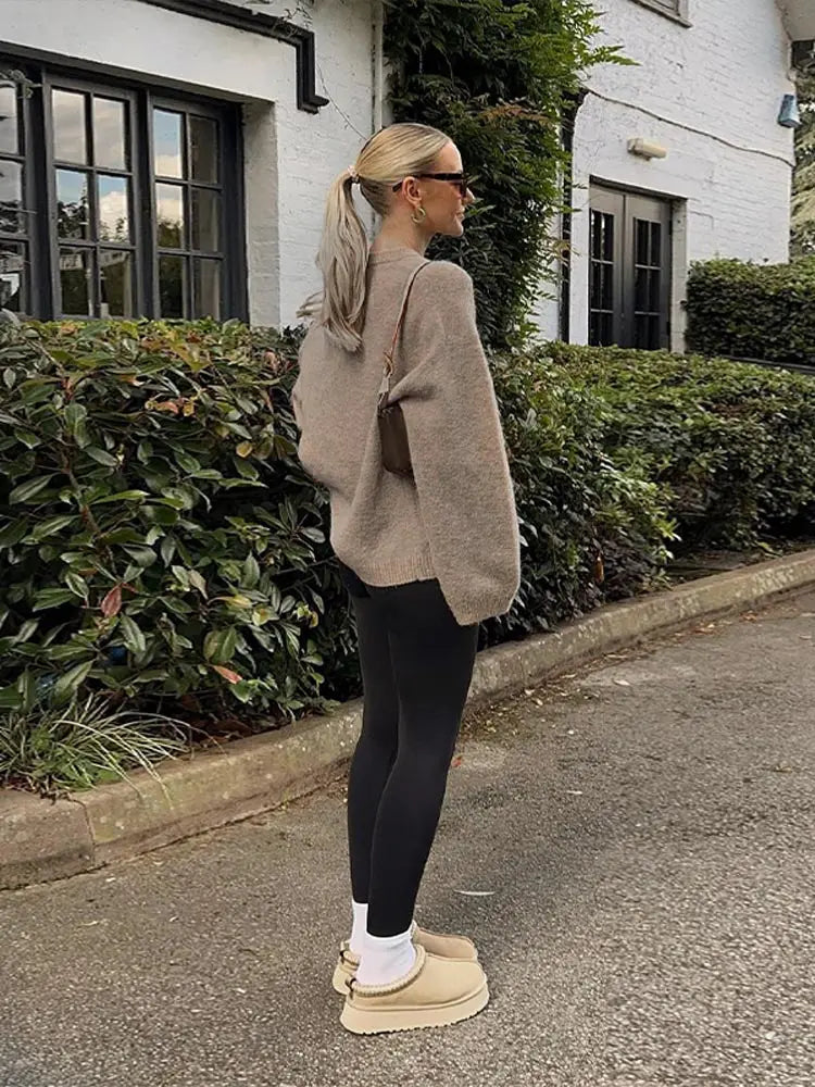 Casual Brown O-Neck knitted Cashmere Pullover Women Fashion Full Sleeve Loose Commute Jumper 2024 Autumn Lady Street Outerwears