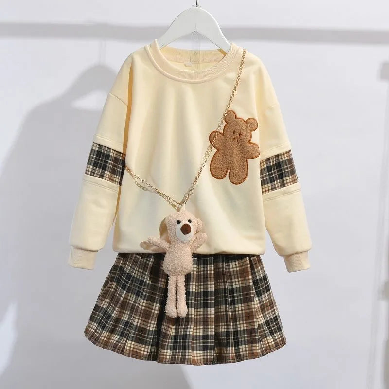 3-14 Years Teenager Girls Outfits Cute Bear Sweatshirt + Plaid Skirt 2Pcs Suit For Girls Birthday Present Children Clothing Sets