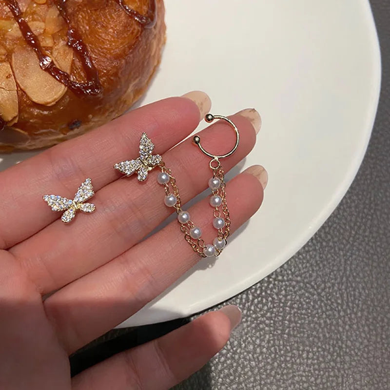 Korean Elegant Rhinestone Butterfly Stud Earrings For Women Girls Cute Fashion Metal Cuff Chain Tassel Boucle D'oreille Jewelry