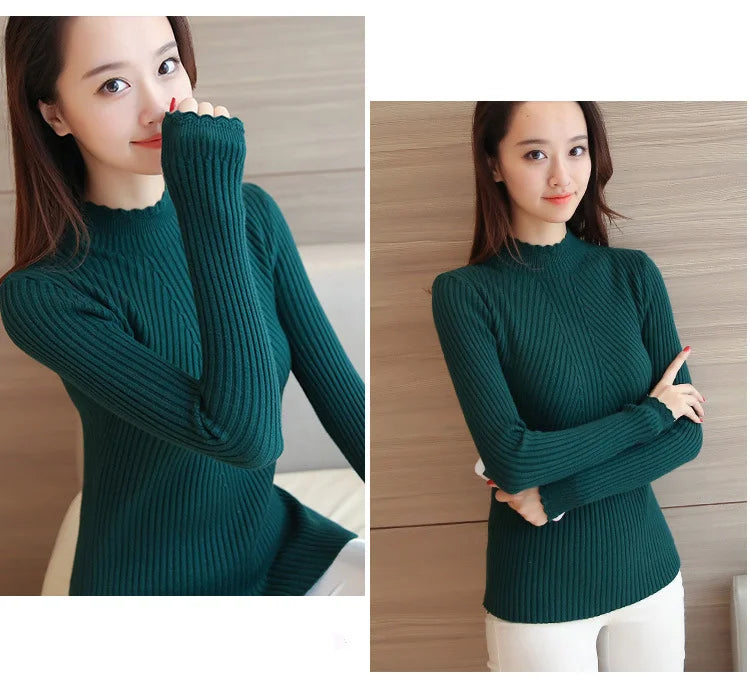 2024 Autumn Women Mock Neck Ruffles Sweater Long Sleeve Knitted Bottoming Solid Pullovers Stripe Women Casual Sweater Winter