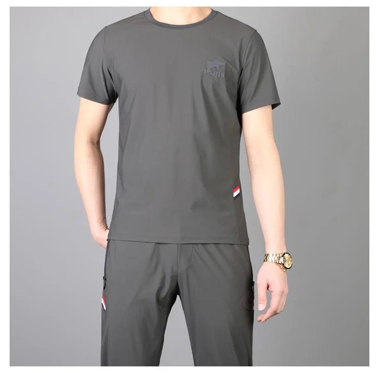 2024 Summer New Shishang Ice Silk Elastic Sports Suit Men's Casual Relaxed Comfortable Breathable High Quality Two-Piece Set 5XL