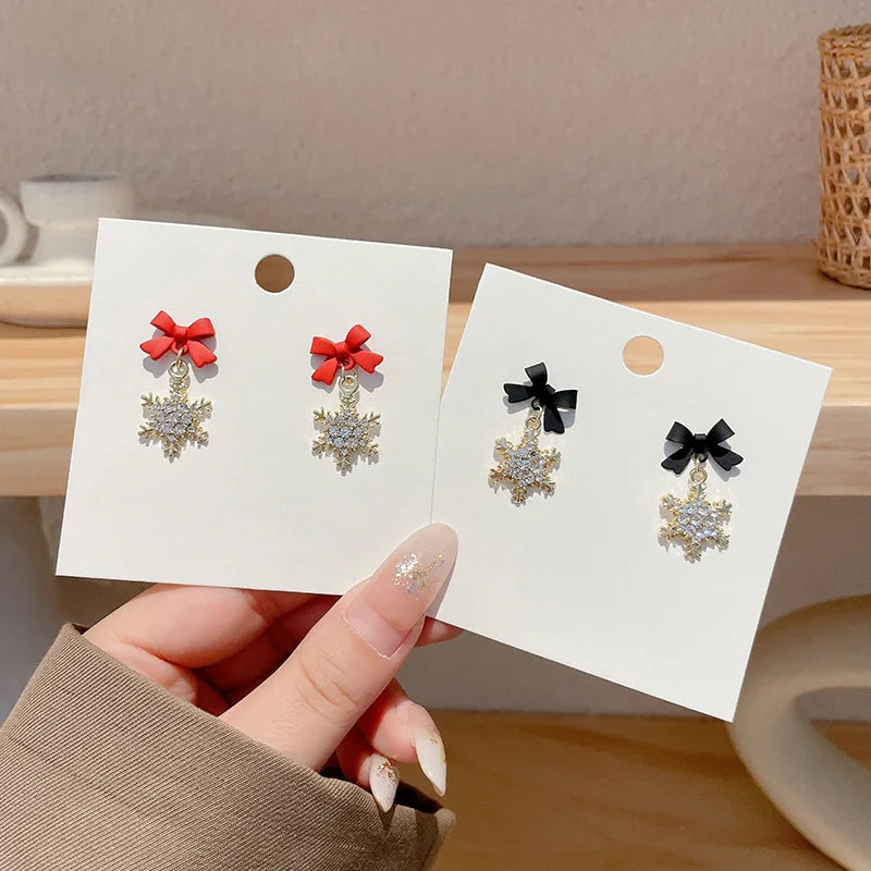 Cute Crystal Snowflake Drop Earrings for Women Party Sweet Jewelry Black Red Bow Knot Dangle Earrings Girls Sweet Accessories