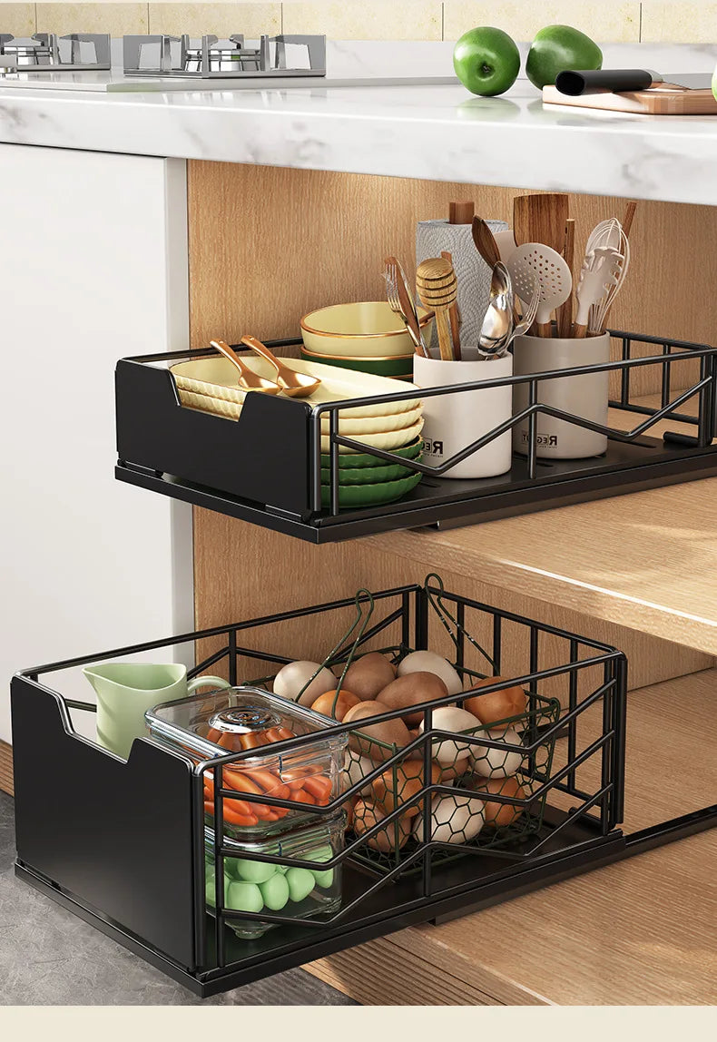 Pull-out Sink Storage Rack Bowl Dish Storage Basket Kichen Organizer Slide Drawer Storage Tray Seasoning Cabinets Organizer