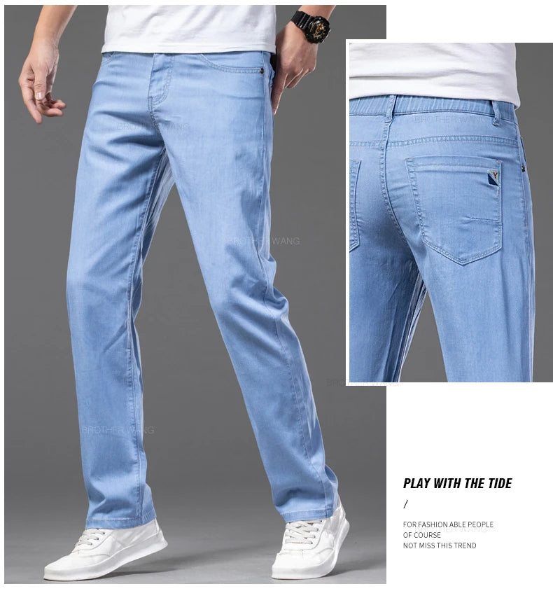 Summer Ultra Thin Men's Loose Jeans Lyocell Drape Ice Silk Fashion Casual Stretch Denim Pants Business Straight Trousers