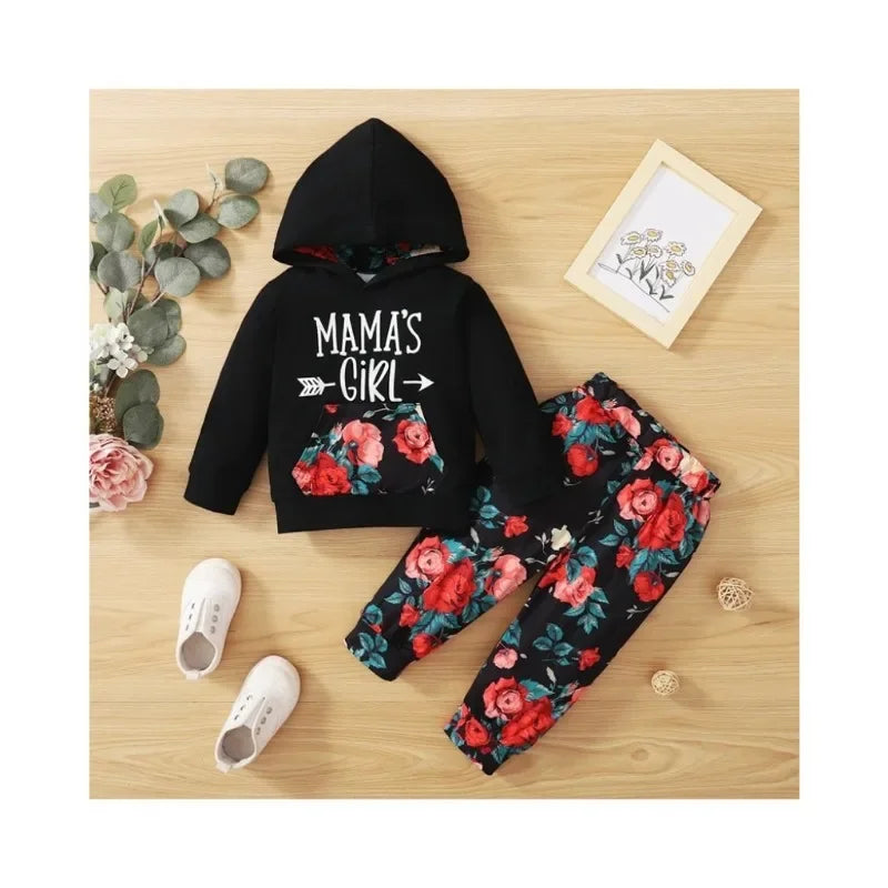 2PCS Kids Girl Clothes Set Letter&Floral Print Long Sleeve Hooded Top+Pants Fashion Lovely Outfit for Children Girl 1-4 Years