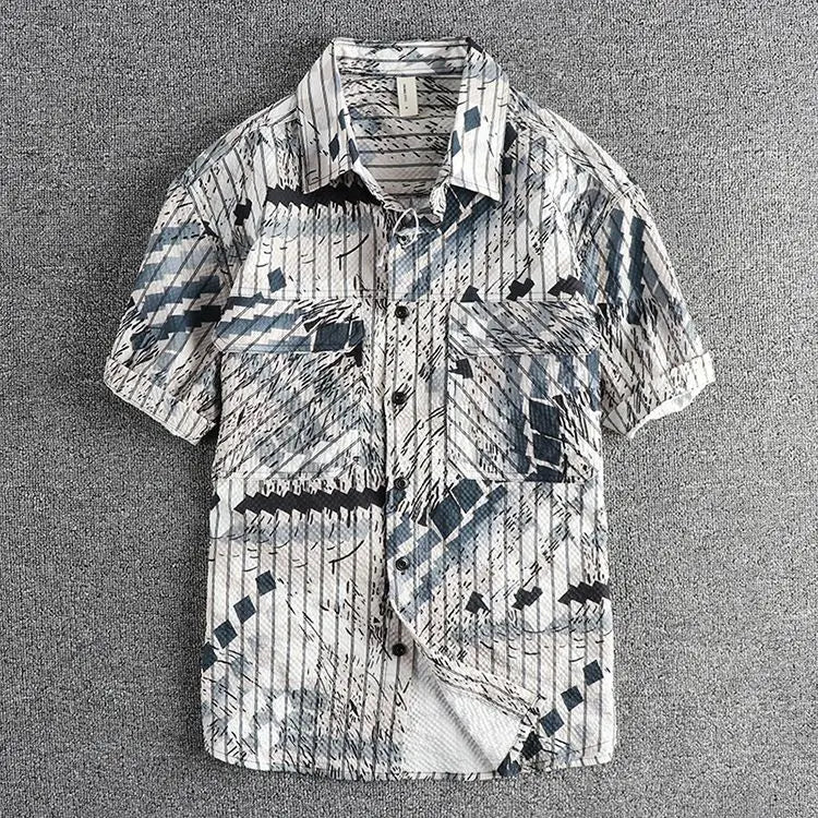 Men's Trendy Vintage Print Hawaiian Vacation Style Button Down Shirt 2024 Summer Youth Casual Short Sleeve Pocket Loose Y2K Tops