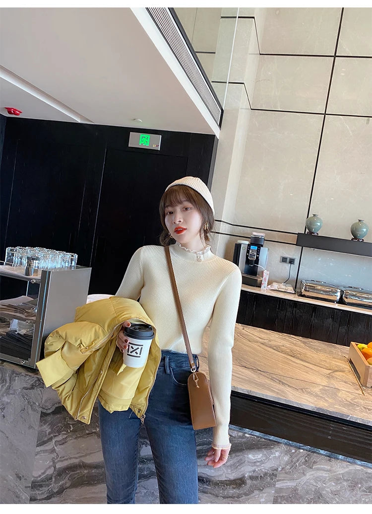 2024 Knitted Women Sweater O-neck Button Pullovers Spring Autumn Basic Sweaters for Female Pullover Slim Solid Bold Lace Tops