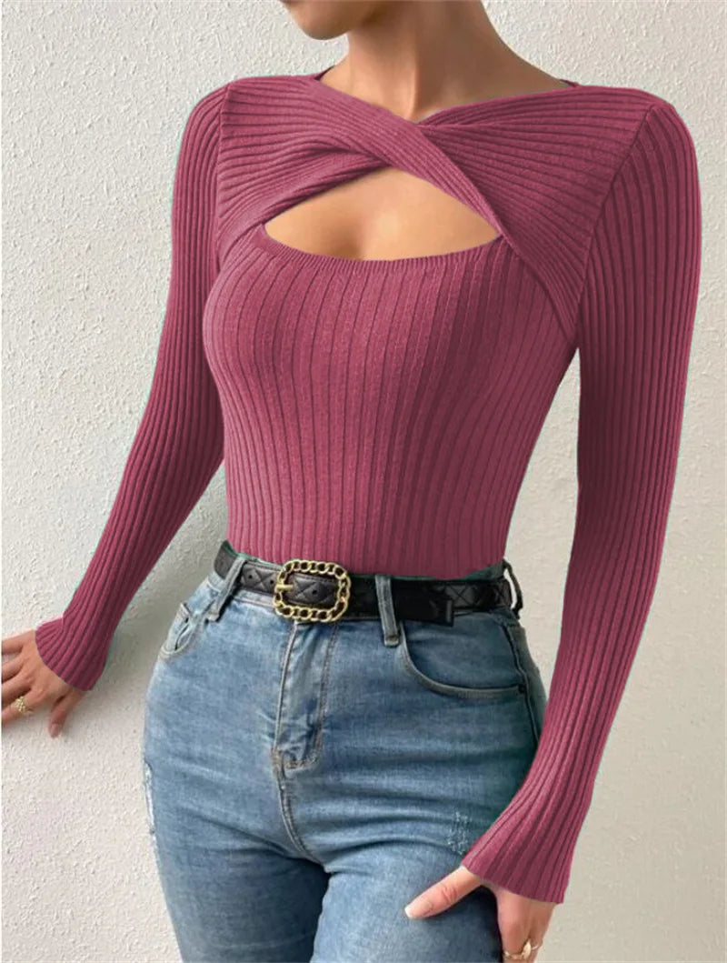 Casual Long Sleeve Hollow Out Irregular Round Neck T Shirts Basic Tee Sweater Top Lightweight Sweaters for Women Autumn