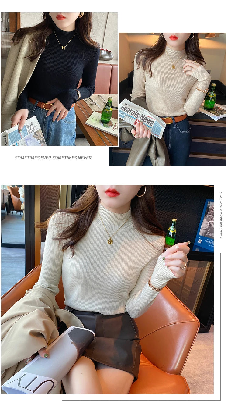 Autumn Winter Mock Neck Women Sweater Vintage Basic Solid Knitted Korean Tops Casual Slim Pullover Sweaters Simple Chic Jumpers