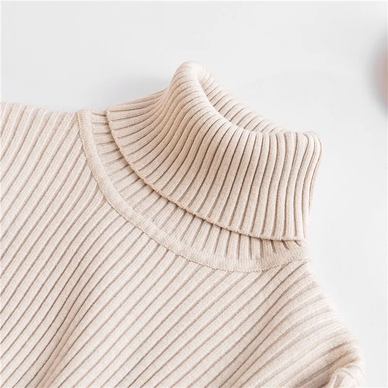 2024 Autumn Winter Women Knit Solid Turtleneck Pull Sweater Casual Rib Jumper Tops Female Home Pullover Y2K Clothing