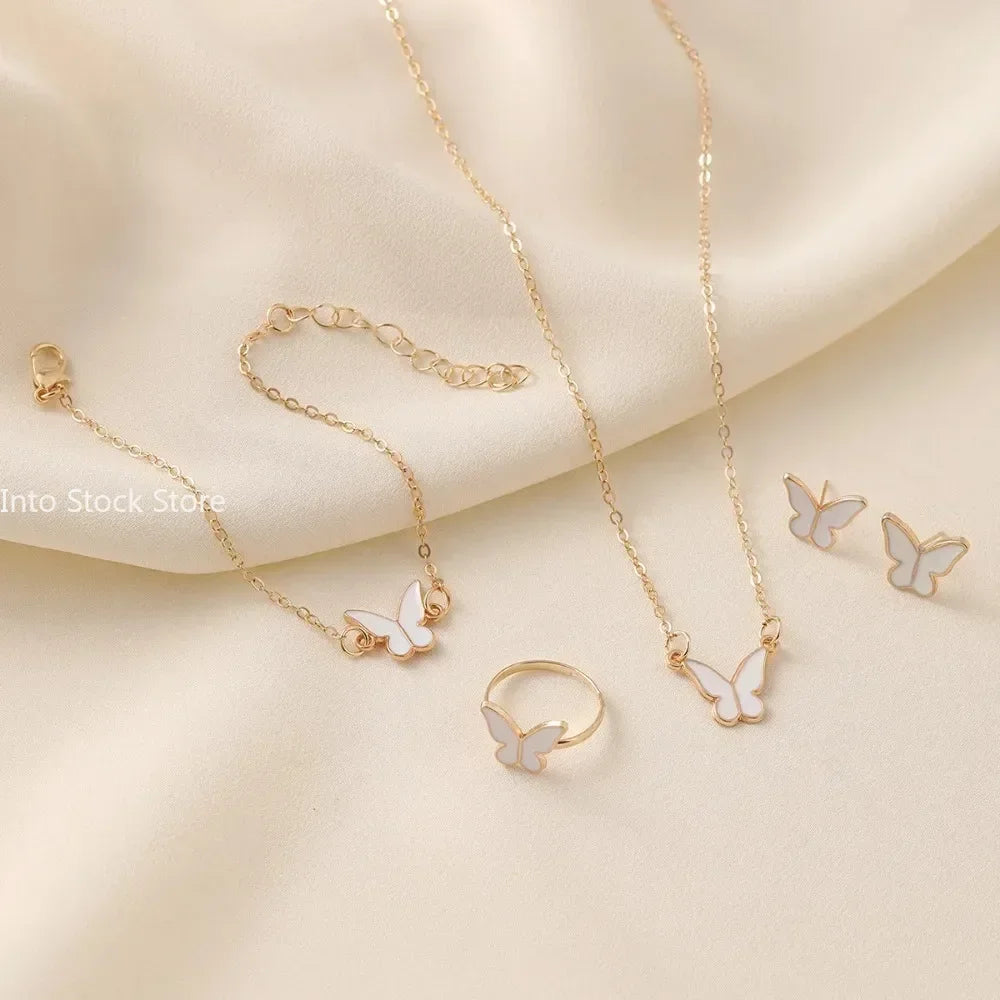 New Personalized Butterfly Glazed Bracelet Ring Necklace Earring, Exquisite Small and Fashionableand High Sense Collar Chain Set