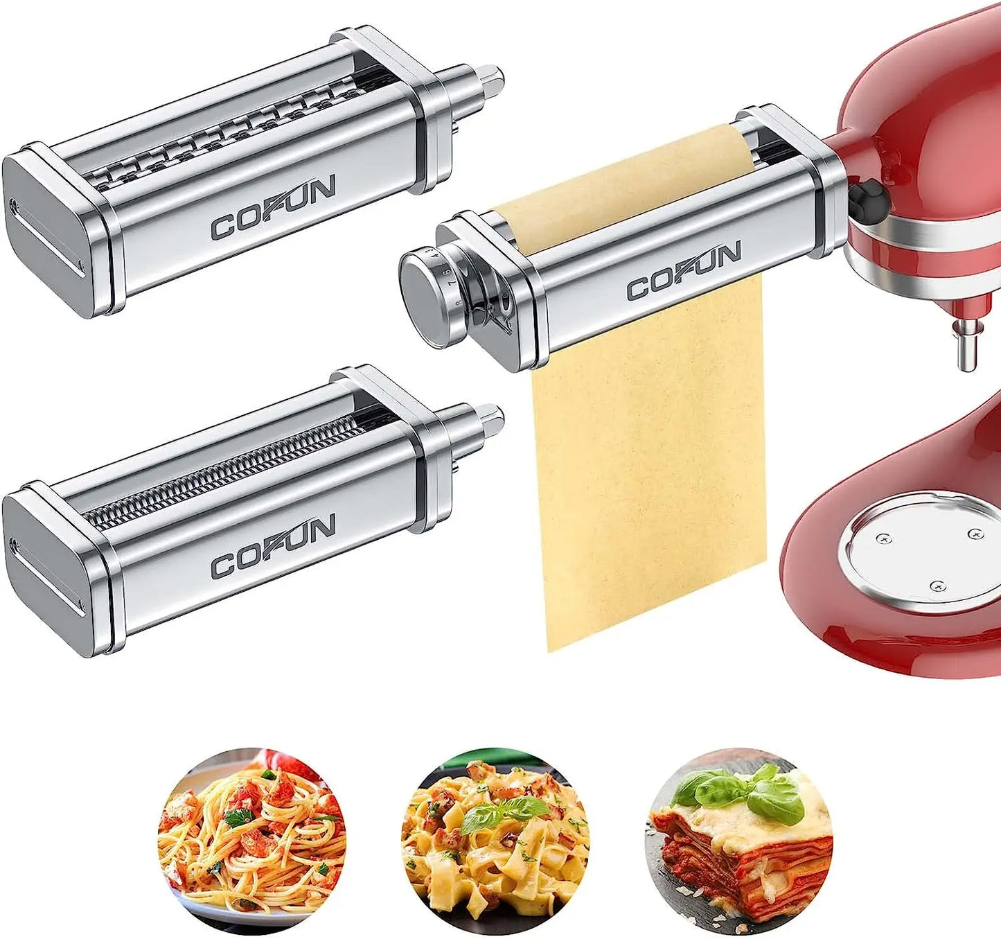 Pasta Attachment for Kitchenaid Stand Mixer,Cofun 3 Piece Pasta Maker Machine with Pasta Roller and Cutter Set for Dough Sheet,