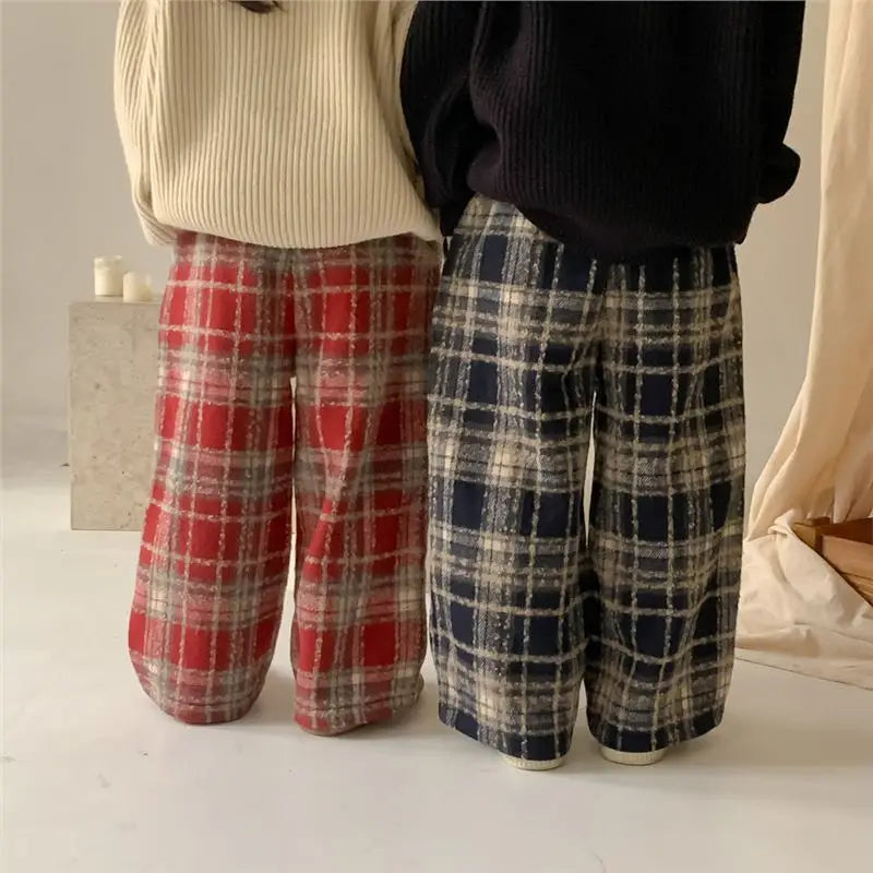 Kids Pants Plaid Printed Wide-leg Pants Winter Clothes for Girls Boy Clothes Boys Autumn and Winter Woolen Pants