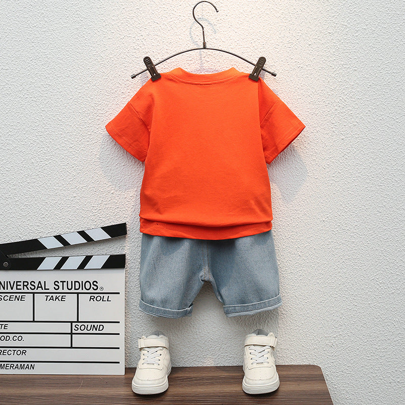 Summer New Baby Boys Clothes Cartoon Sports T-Shirt + Ripped Denim Shorts Sets for Toddler Infant Clothing Casual Outfits