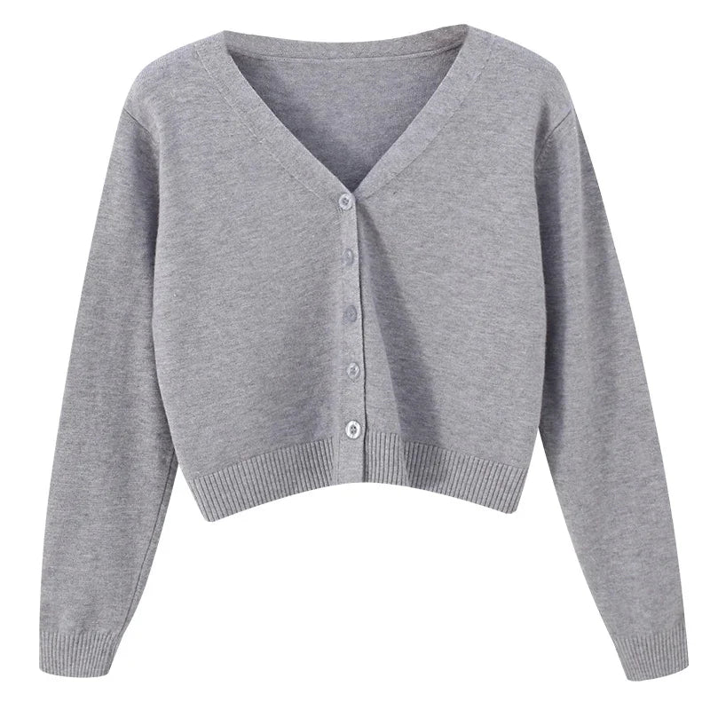 Women's Long Sleeve Cropped Cardigan V Neck Button Down Knit Lady Autumn Spring Knitted Single-breasted Cardigan Sweaters