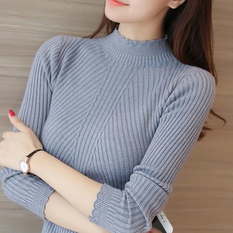 2024 Autumn Women Mock Neck Ruffles Sweater Long Sleeve Knitted Bottoming Solid Pullovers Stripe Women Casual Sweater Winter