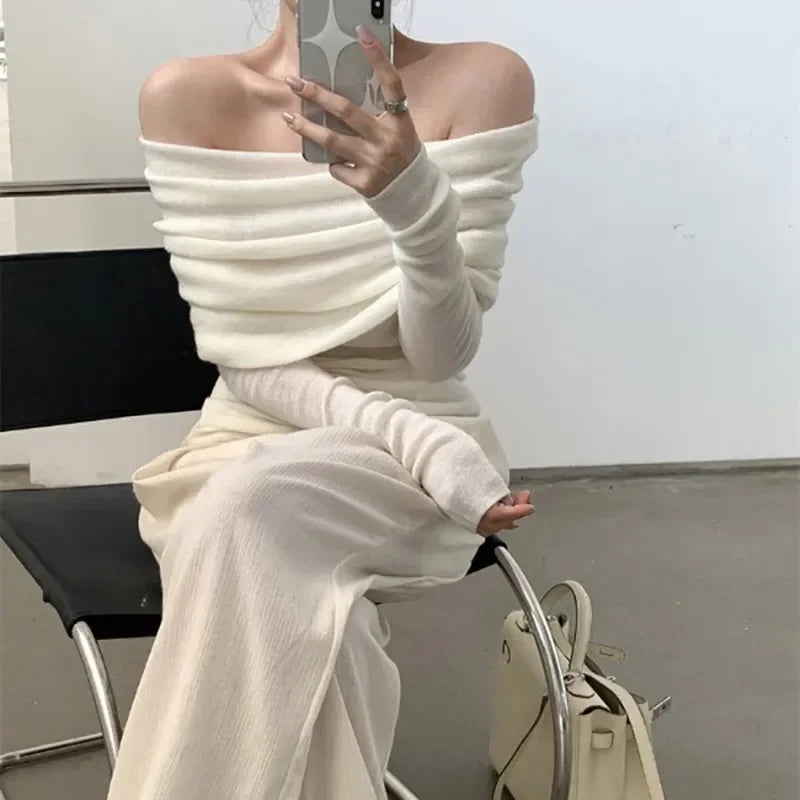 Women Long Sleeve Knitwear Solid Off Shoulder Autumn Thin Pullovers Slash Neck Sweater For Women Office Elegant Tops 2023